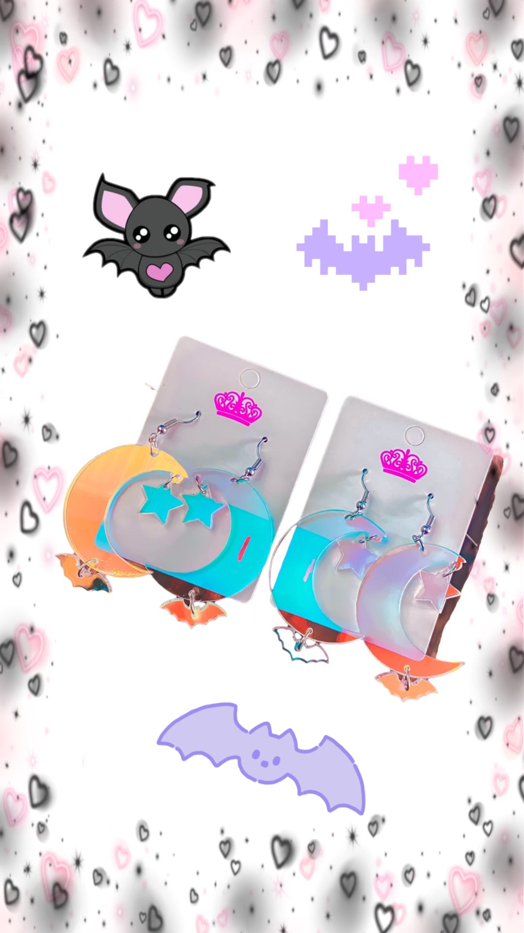 Spiked Peach Bat 🦇 and 🌙 Moon Earrings